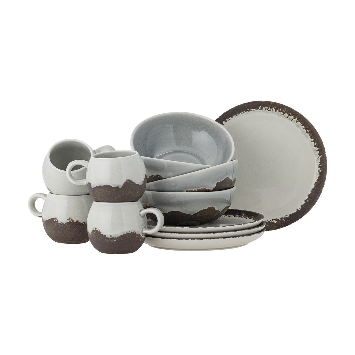Paula Crackle Stoneware Breakfast Set of 12 - Grey