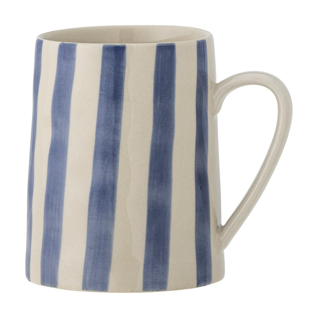 Begonia Striped Stoneware Mug in blue, 440ml, hand-painted vertical stripes from rim to base, with a curved handle, shown on a plain white background.
