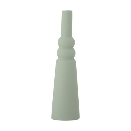 Isolde Stoneware Vase in matte green, 28.5cm tall with a cone-shaped base, ringed centre detail, and a slim straight neck, shown on a plain white background.