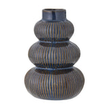 Myrtle Striped Stoneware Vase 20cm in blue, three rounded ribbed tiers with a short neck, set against a plain white background.