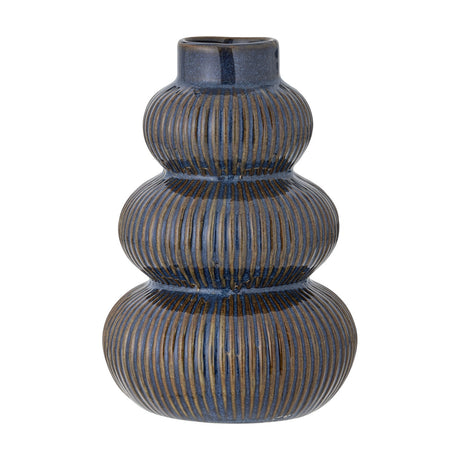 Myrtle Striped Stoneware Vase 20cm in blue, three rounded ribbed tiers with a short neck, set against a plain white background.