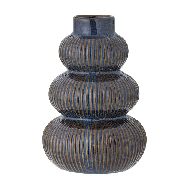 Myrtle Striped Stoneware Vase 20cm in blue, three rounded ribbed tiers with a short neck, set against a plain white background.