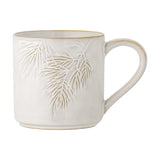 Cream stoneware Christmas cup with an embossed pine needle motif and curved handle, 300ml, shown on a plain white background.