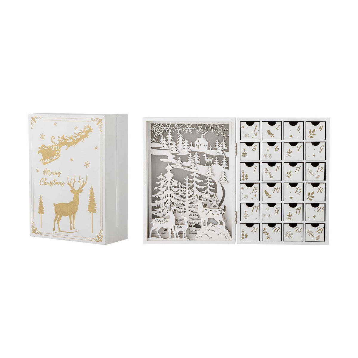 Elimar Wooden Advent Calendar in white, shown closed with gold sleigh, reindeer and stag print, and open revealing a forest scene with 24 numbered drawers, on a plain background.