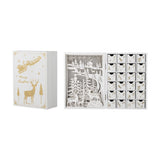 Elimar Wooden Advent Calendar in white, shown closed with gold sleigh, reindeer and stag print, and open revealing a forest scene with 24 numbered drawers, on a plain background.