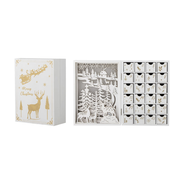 Elimar Wooden Advent Calendar in white, shown closed with gold sleigh, reindeer and stag print, and open revealing a forest scene with 24 numbered drawers, on a plain background.