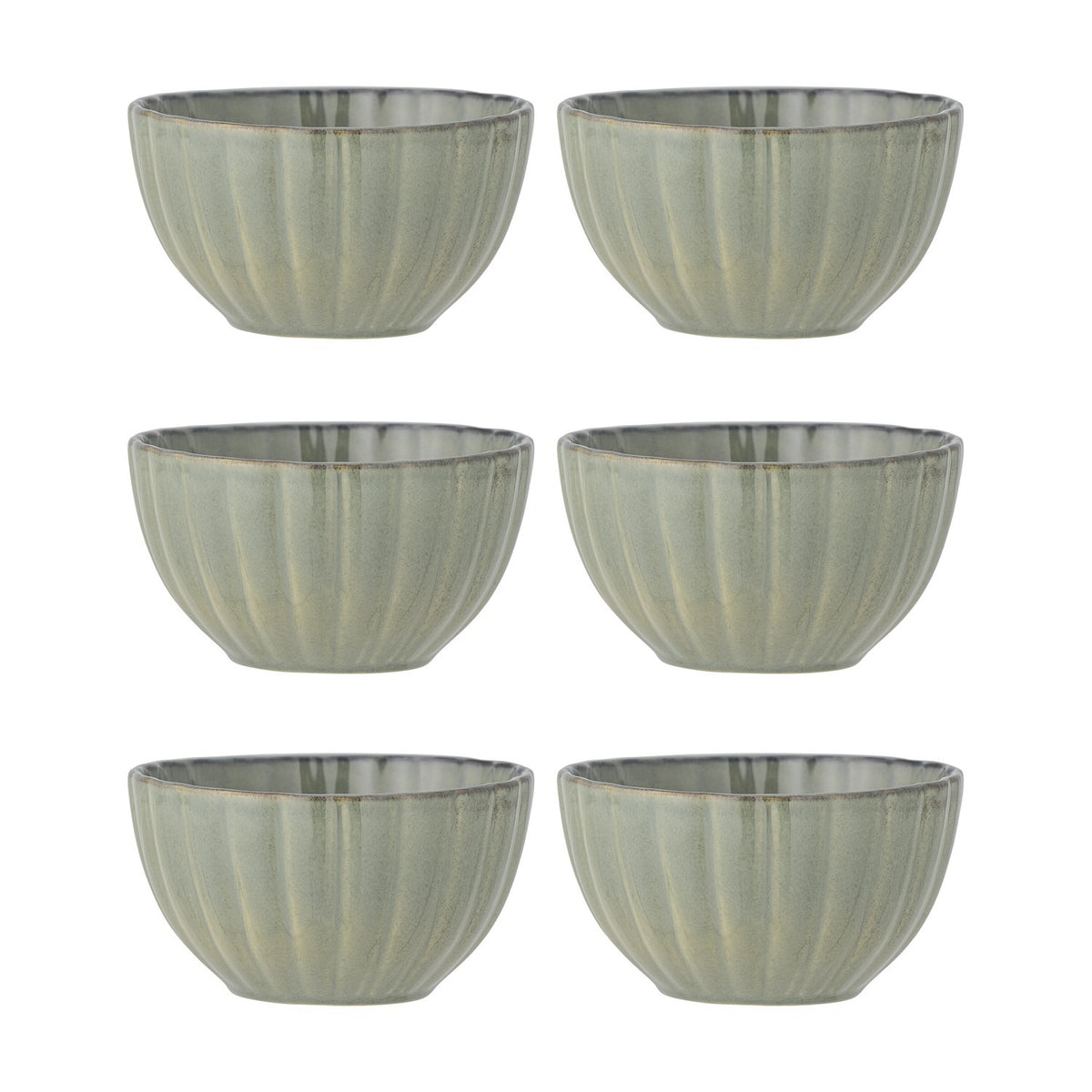 Latina Stoneware Bowls 9cm Set of 6 in Light Green, fluted small ceramic dip bowls with a ribbed exterior and glossy interior, arranged in two columns on a plain white background.