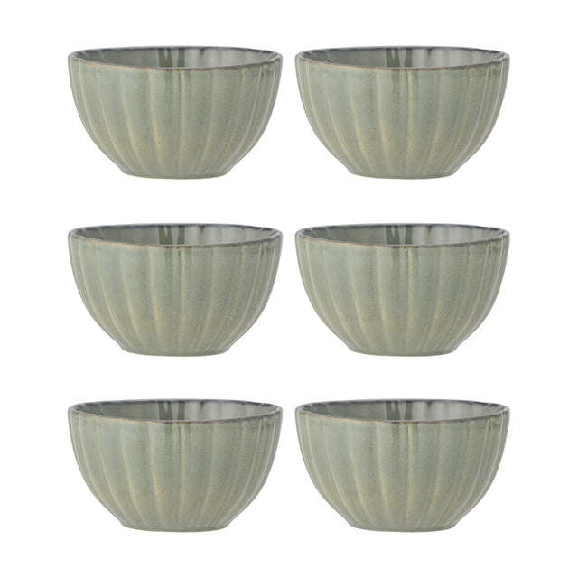 Latina Stoneware Bowls 9cm Set of 6 in Light Green, fluted small ceramic dip bowls with a ribbed exterior and glossy interior, arranged in two columns on a plain white background.