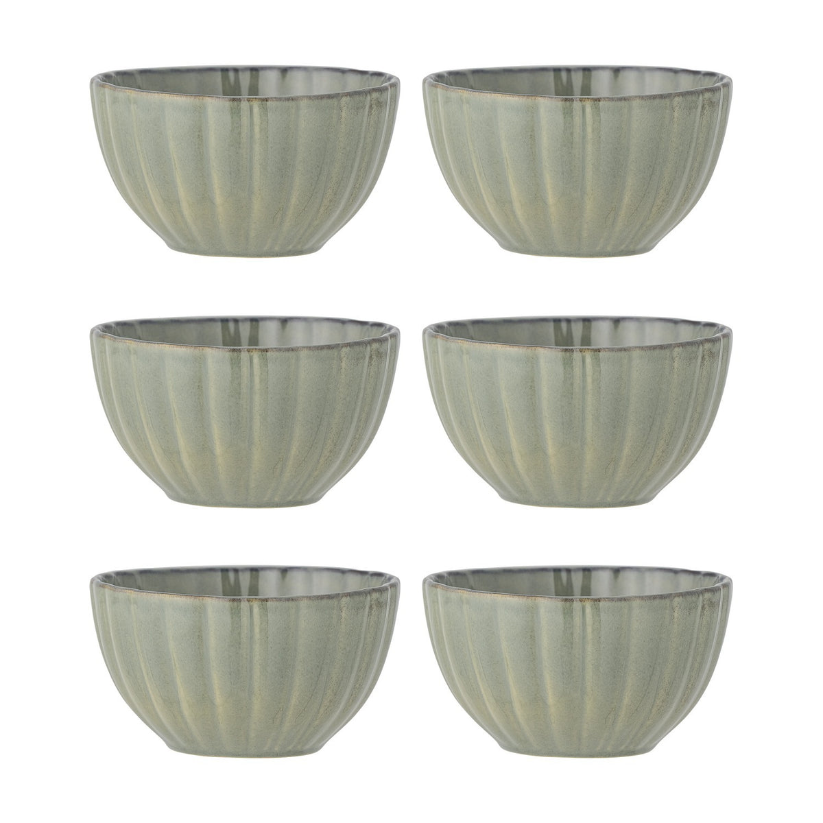 Set of six Latina stoneware bowls, 12cm, with fluted sides, green glaze, and a darker rim line, arranged in two columns on a plain white background.