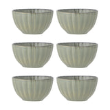 Set of six Latina stoneware bowls, 12cm, with fluted sides, green glaze, and a darker rim line, arranged in two columns on a plain white background.