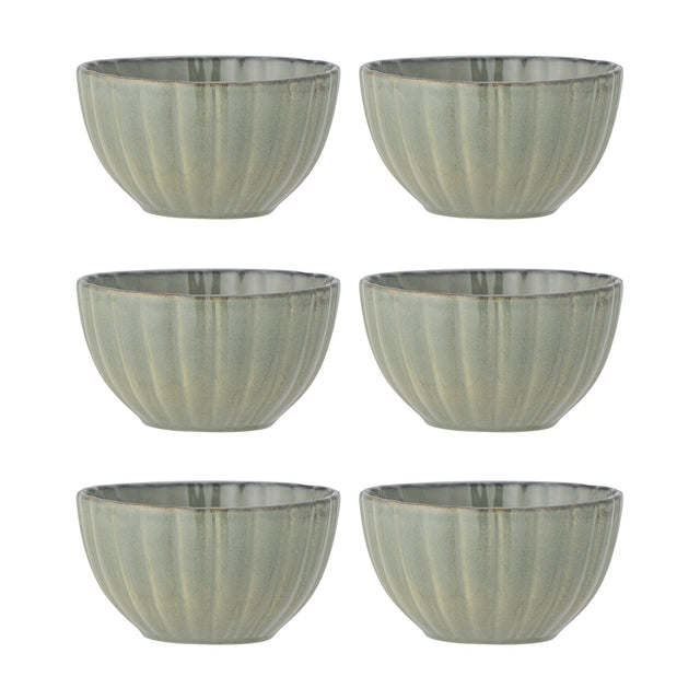 Set of six Latina stoneware bowls, 12cm, with fluted sides, green glaze, and a darker rim line, arranged in two columns on a plain white background.