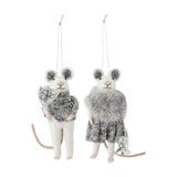 Set of 2 Peo Wool felted grey mouse Christmas ornaments, one in a knitted jumper with a posy, the other in a fluffy stole with a lantern, hung on silver cords.