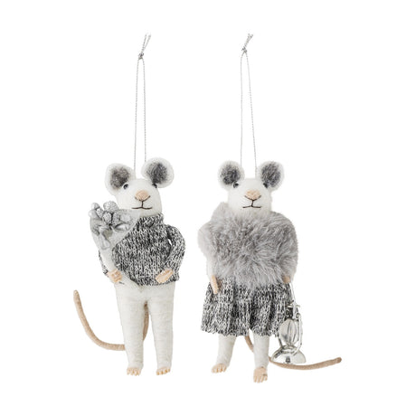 Set of 2 Peo Wool felted grey mouse Christmas ornaments, one in a knitted jumper with a posy, the other in a fluffy stole with a lantern, hung on silver cords.