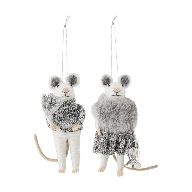 Set of 2 Peo Wool felted grey mouse Christmas ornaments, one in a knitted jumper with a posy, the other in a fluffy stole with a lantern, hung on silver cords.