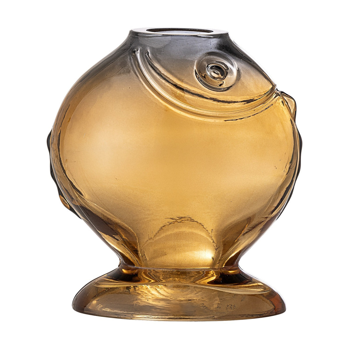 Varga Fish Glass Vase 16cm in amber, a rounded fish-shaped glass vase with a raised eye, gill line and side fins on a flared foot, set against a plain white background.