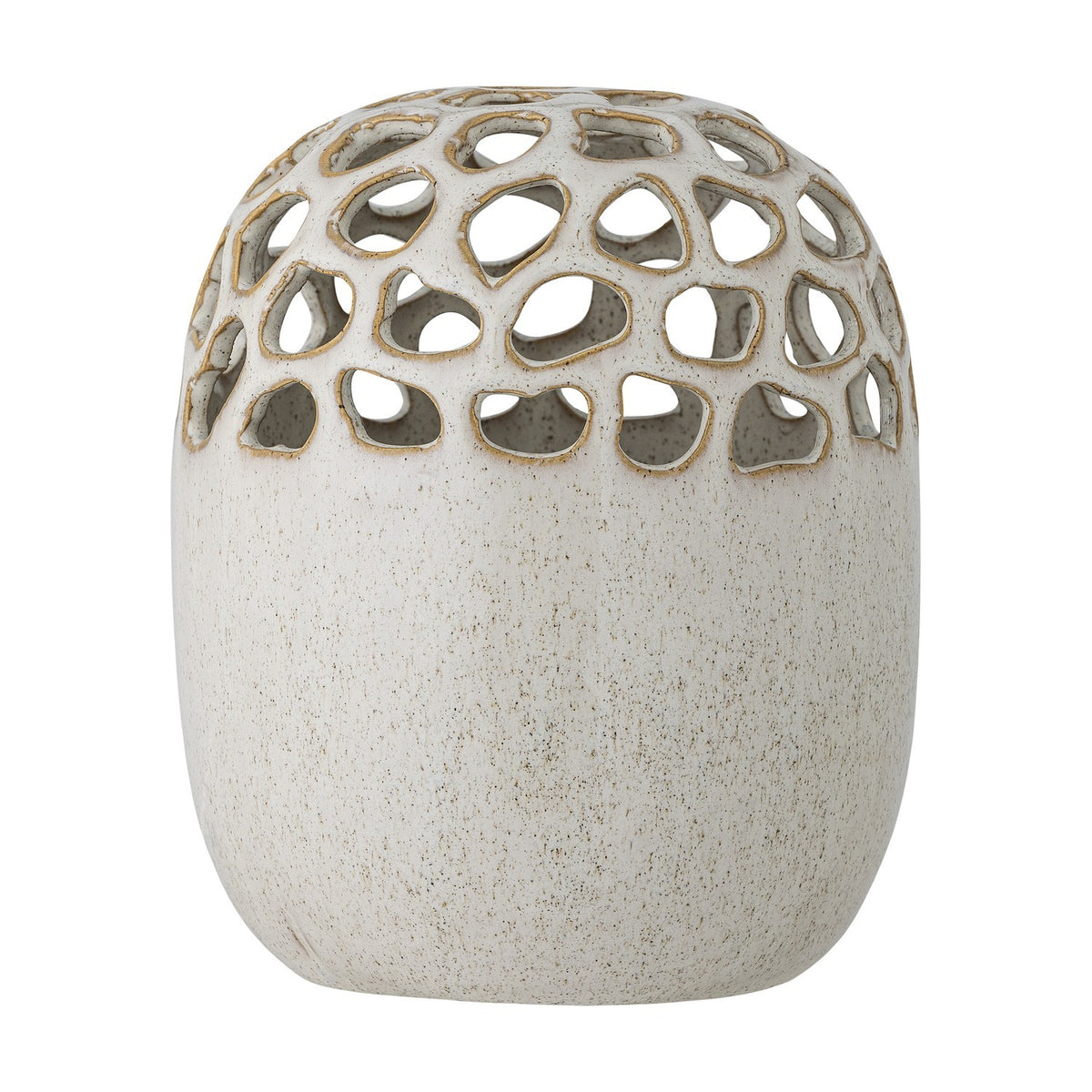Elissa Speckled Stoneware Vase 19cm in cream, rounded ceramic body with a domed top of irregular cut-out openings edged in exposed stoneware, shown on a plain white background.