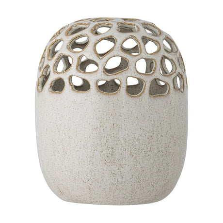 Elissa Speckled Stoneware Vase 19cm in cream, rounded ceramic body with a domed top of irregular cut-out openings edged in exposed stoneware, shown on a plain white background.