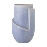 Norbert Stoneware Vase 18.5cm in mottled blue, a rounded cylindrical ceramic form with a diagonal raised band and vertical ridge detail, shown on a plain white background.