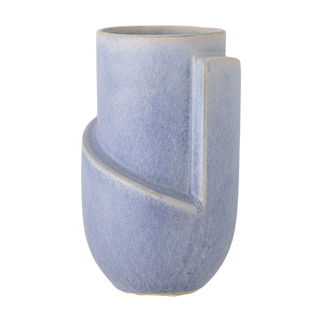 Norbert Stoneware Vase 18.5cm in mottled blue, a rounded cylindrical ceramic form with a diagonal raised band and vertical ridge detail, shown on a plain white background.