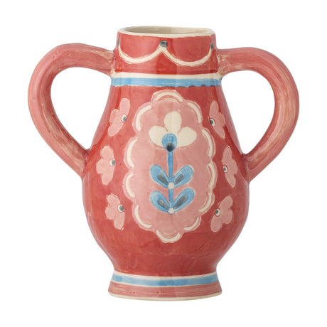 Odina Floral Stoneware Vase 15cm in red with two loop handles, a bellied body, footed base and hand-painted floral motif, shown on a plain white background.
