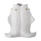 White stoneware Fili Fish vase, 19cm, shaped as two fish tail-to-tail with joined open mouths forming the top, one side scalloped, the other net-patterned.