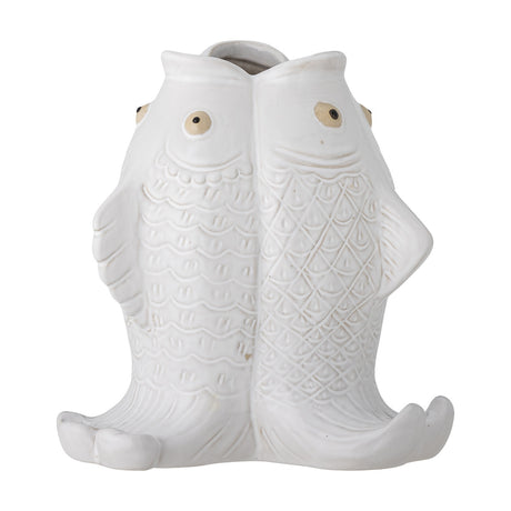 White stoneware Fili Fish vase, 19cm, shaped as two fish tail-to-tail with joined open mouths forming the top, one side scalloped, the other net-patterned.