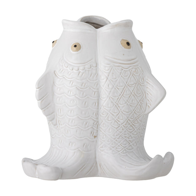 White stoneware Fili Fish vase, 19cm, shaped as two fish tail-to-tail with joined open mouths forming the top, one side scalloped, the other net-patterned.