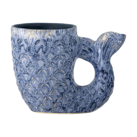 Ariella Stoneware Vase in blue, 12cm, shaped like a curling fish tail with scaled texture and a looped fin handle, on a plain white background.