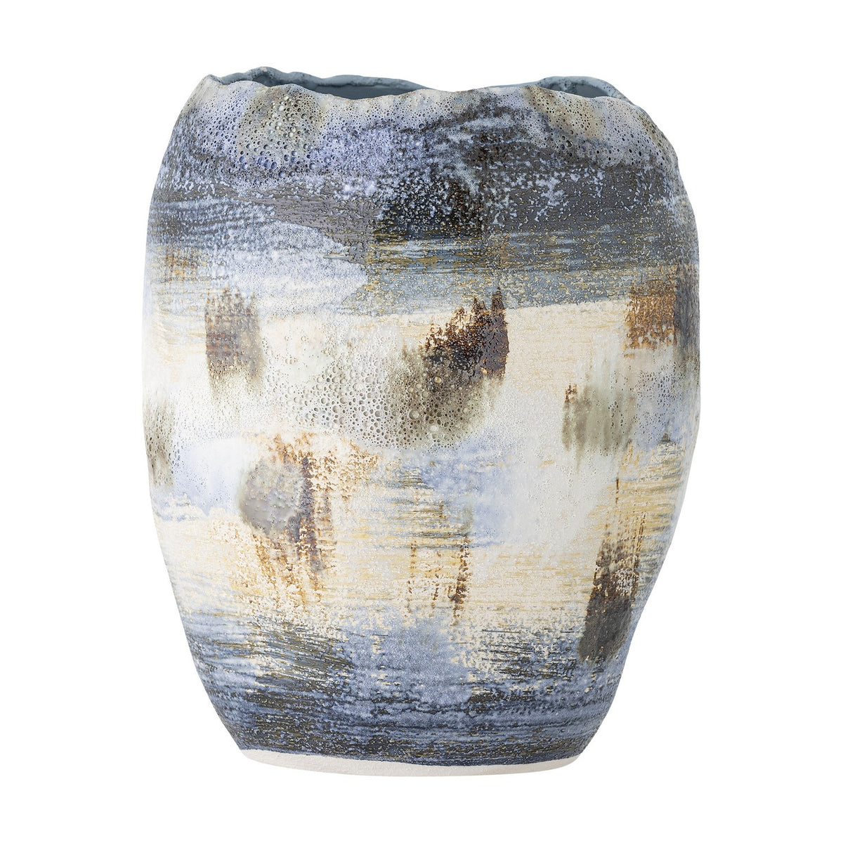 Nienna Stoneware Vase 31cm in Blue, a tall ceramic vase with an uneven wavy rim and speckled blue, cream and bronze glaze bands, shown on a plain white background.