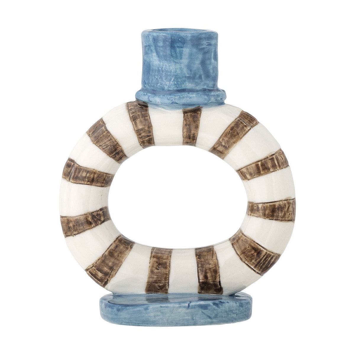 Tacana Stoneware Candle Holder with an open ring base in brown and white stripes, blue taper cup and oval foot, on a plain white background.