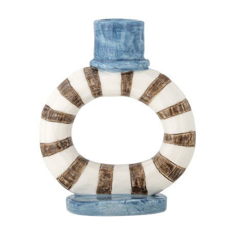 Tacana Stoneware Candle Holder with an open ring base in brown and white stripes, blue taper cup and oval foot, on a plain white background.