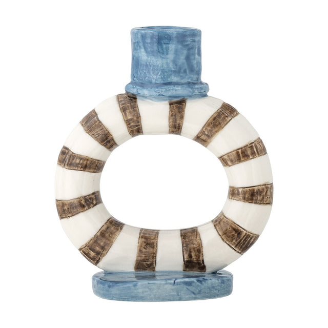 Tacana Stoneware Candle Holder with an open ring base in brown and white stripes, blue taper cup and oval foot, on a plain white background.