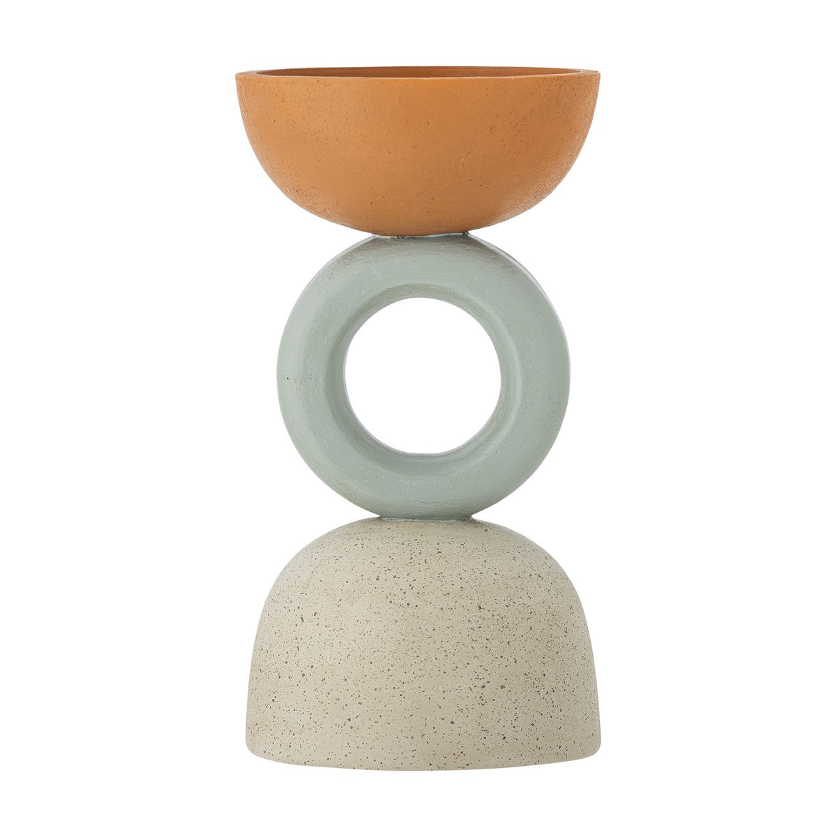 Loretta Speckled Resin Tealight Holder in multi colour, stacked design with a terracotta bowl, sage green ring and speckled stone-effect dome base, shown on a white background.