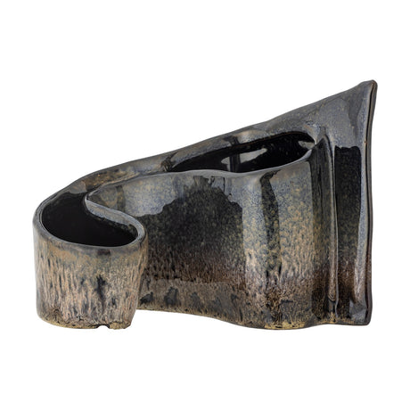 Phil Stoneware Ornament in brown, a curling ceramic sculpture with a tall slanted peak and a low open hollow, glossy earthy glaze, shown on a plain white background.