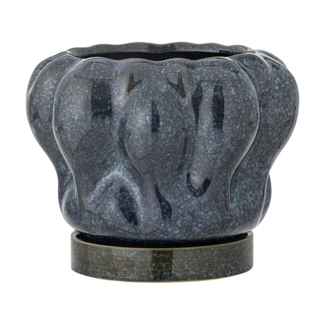 Hollis stoneware plant pot with saucer in blue, featuring a lobed, scalloped-rim design with a glossy speckled finish, shown on a plain white background.