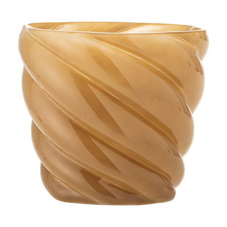 Callo Wavy Glass Plant Pot in beige, a glossy glass planter with broad spiralling ribs and a wavy rim, shown on a plain white background.