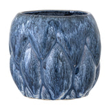 Posey Stoneware Plant Pot in blue, a rounded ceramic planter with sculpted, pointed leaf-like segments and a glossy drip glaze, shown on a plain white background.