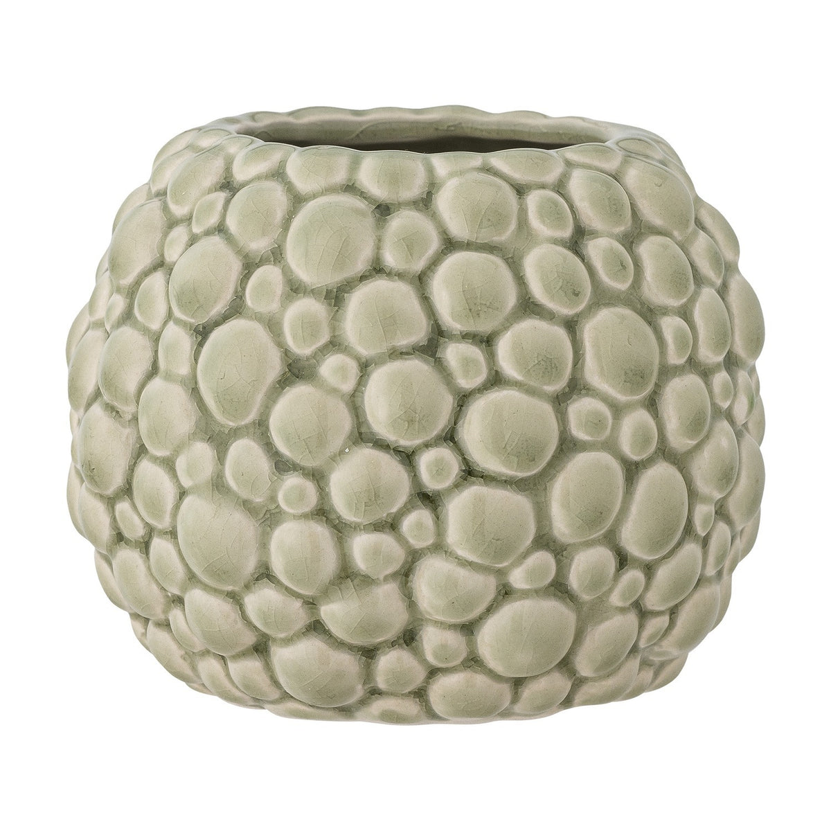 Susannah Crackle Stoneware Plant Pot in green, a round planter with a bubbled, pebble-textured surface and glossy crackle glaze, shown against a plain white background.