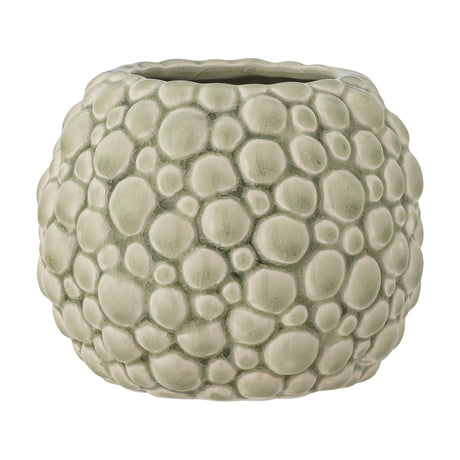 Susannah Crackle Stoneware Plant Pot in green, a round planter with a bubbled, pebble-textured surface and glossy crackle glaze, shown against a plain white background.