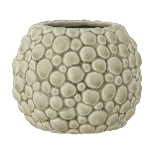Susannah Crackle Stoneware Plant Pot in green, a round planter with a bubbled, pebble-textured surface and glossy crackle glaze, shown against a plain white background.