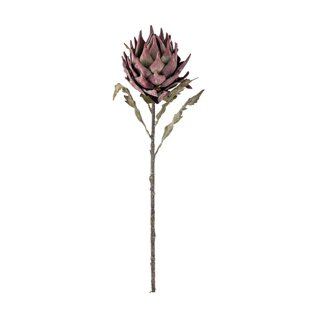 Protea Artificial Stem 76cm in purple, showing a layered, pointed petal flower head atop a textured stem with slender leaves, set against a plain white background.