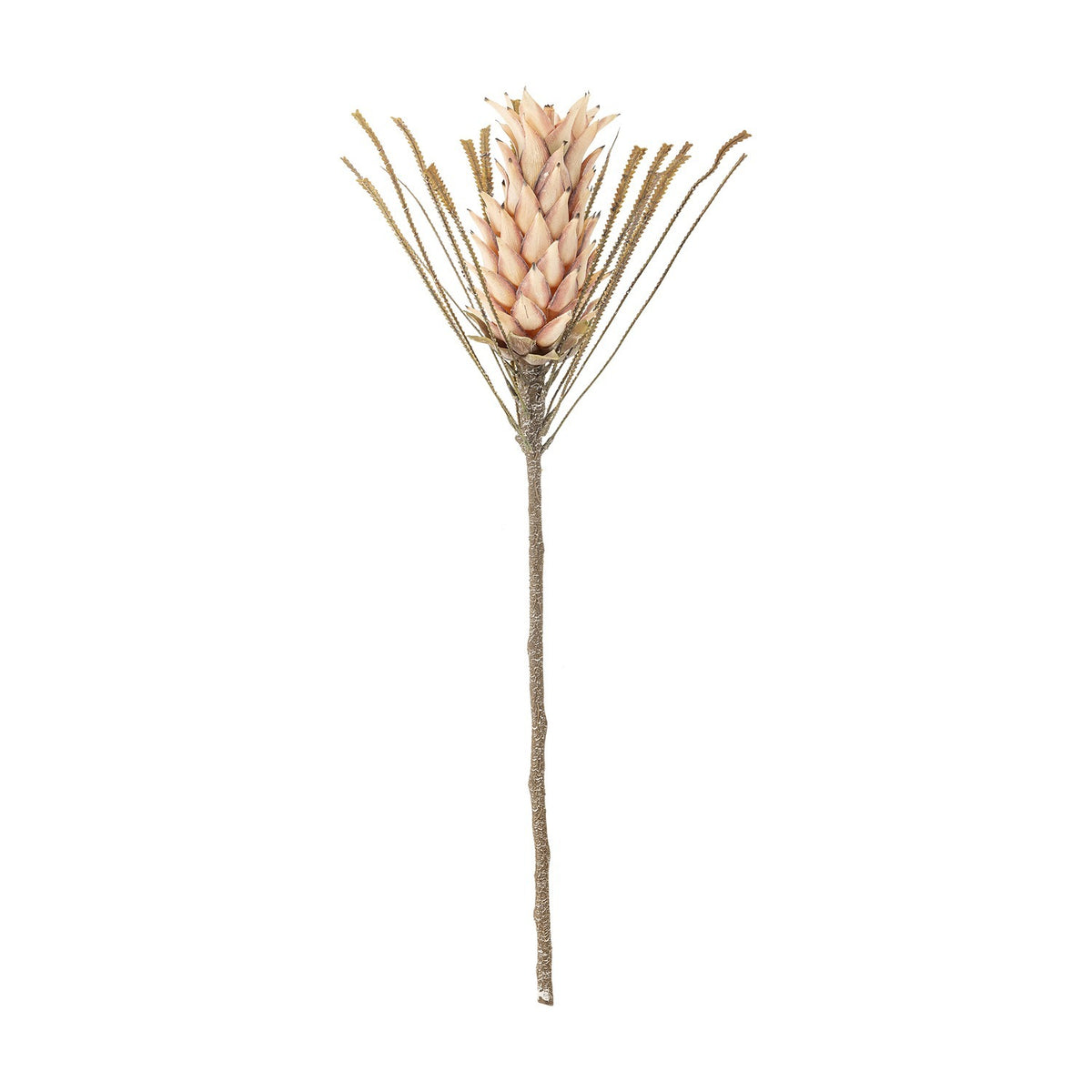 Palmflower Artificial Stem in pink, featuring a tall cone of overlapping petals surrounded by fine fringed leaves on a knobbly, branch-like stem, shown against a plain white background.