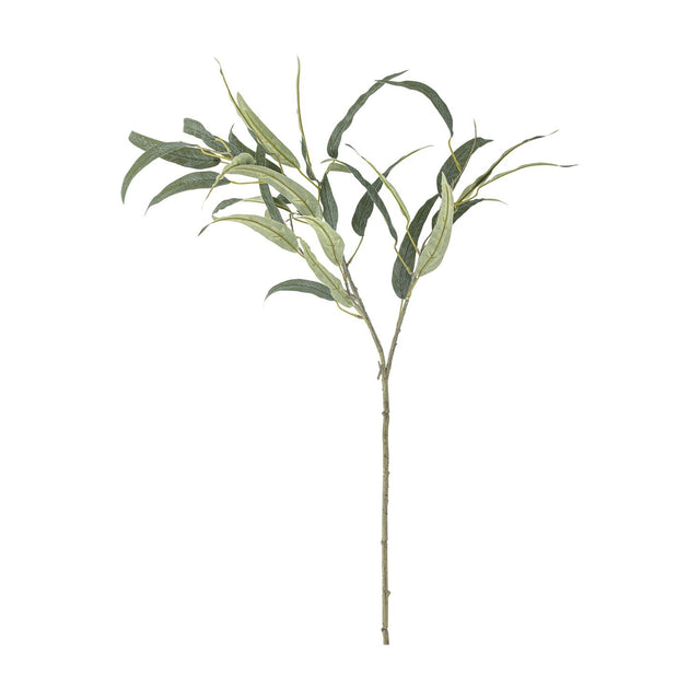 Artificial eucalyptus stem, 85cm tall, with a bare lower stalk branching into two leafy sprays of long, narrow green leaves, shown on a plain white background.