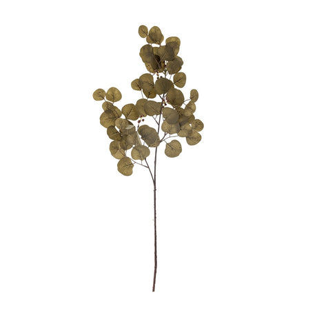 Eucalyptus Artificial Stem 86cm in green, featuring round coin-shaped speckled leaves and small berry clusters along a branching stem, shown against a plain white background.