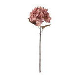Artificial hydrangea stem, 65cm, with a rounded pink floret-clustered flowerhead, two leaves, and a slim jointed stem on a plain white background.