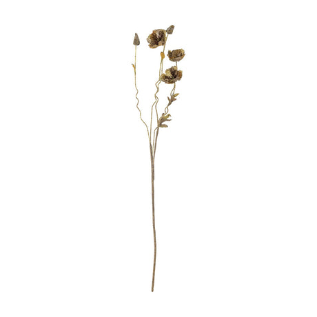 Artificial poppy stem in brown fabric with three open flower heads, two closed buds and small leaves on wavy branching stems, shown against a plain white background.