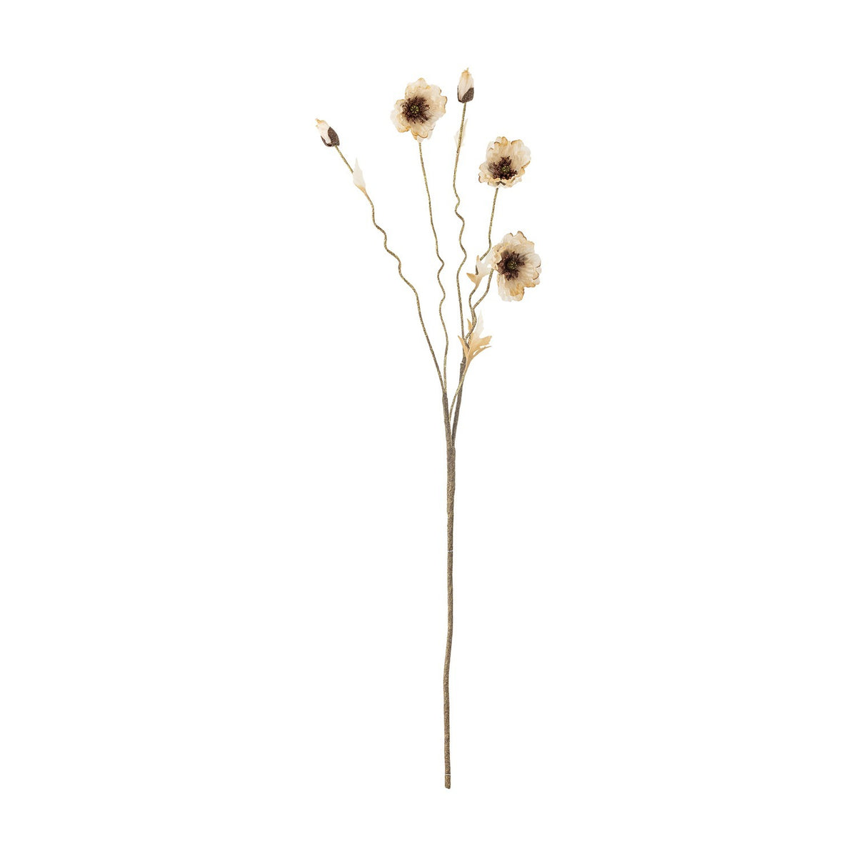 Poppy Artificial Stem in beige, 104cm tall with wavy branches bearing open flowers, closed buds, and small leaves, shown on a plain white background.
