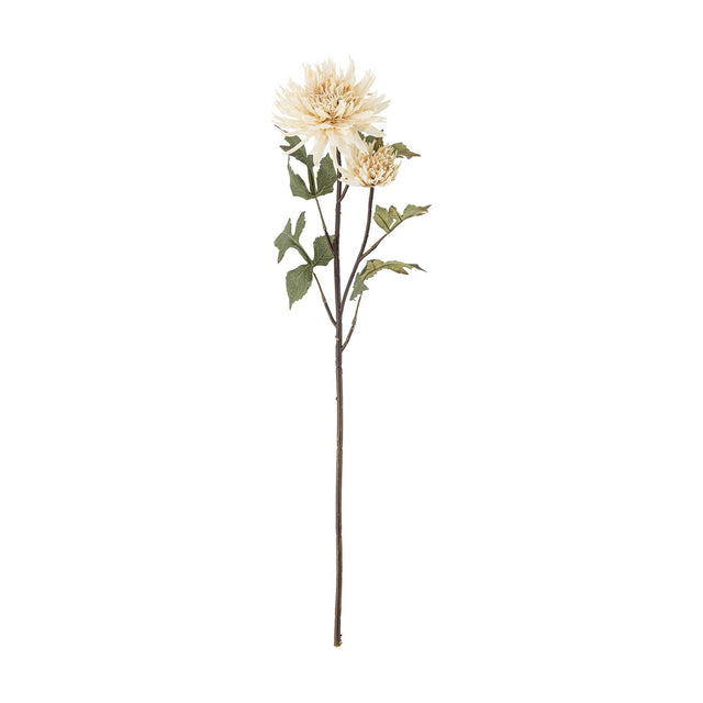 Chrysanthemum Artificial Stem in cream with one full spiky bloom and one smaller bud head, green serrated leaves on a branching stem, shown against a plain white background.