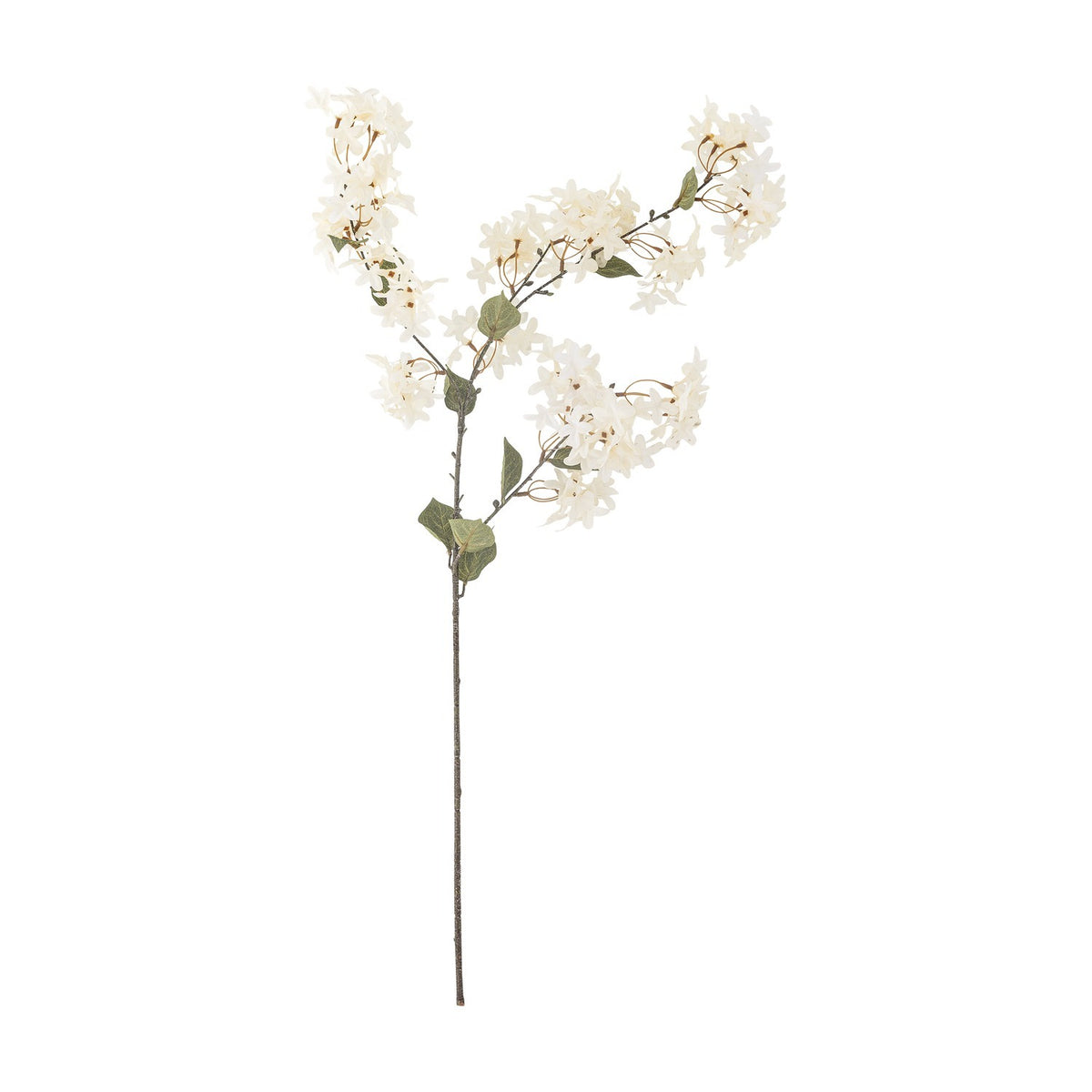 Artificial Myrtle Stem in white with clustered star-shaped flowers and rounded green leaves along slender branches, set on a long bare stem against a plain white background.