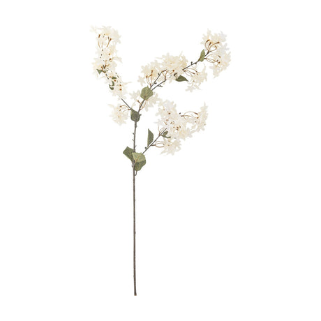 Artificial Myrtle Stem in white with clustered star-shaped flowers and rounded green leaves along slender branches, set on a long bare stem against a plain white background.
